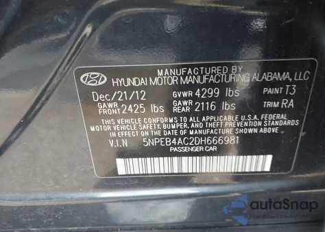 2013 Hyundai Sonata Gls из США, поврежденный, VIN 5NPEB4AC2DH666981